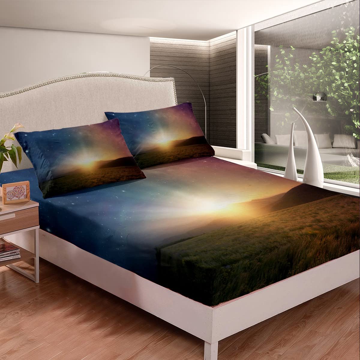 Erosebridal Galaxy Bedding Set Full Size - Northern Lights Starry Sky Comforter Cover & Fitted Sheet for Women & Girls, Sunset Landscape Bedroom Decor - Perfect for Teen Rooms, Dorm Decor & Cozy Bedroom Makeovers