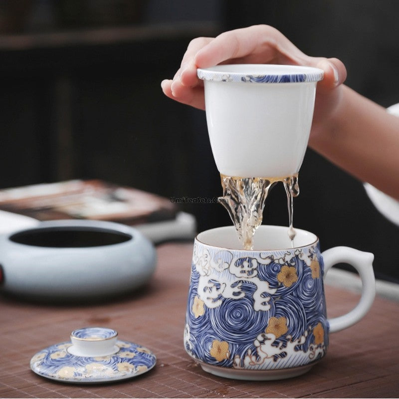 Premium Chinese Sea Wave Ceramic Tea Cup with Removable Infuser - Perfect for Office, Home, and Relaxation
