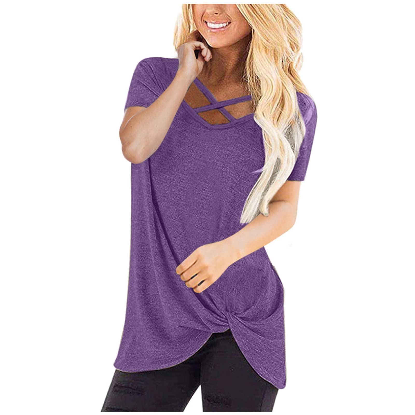 Women's Criss Cross V Neck Short Sleeve T-Shirt - Trendy Twist Knot Yoga Top for Summer Workout & Casual Wear | Breathable Camisa for Gym, Running, and Everyday Fashion