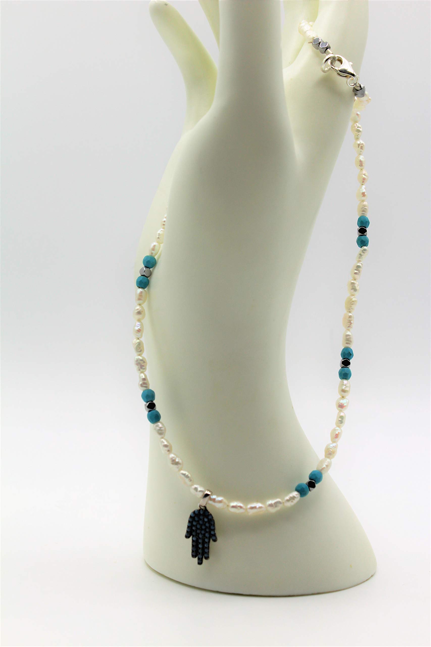 Elegant Turquoise & Pearl Hamsa Necklace - Delicate Evil Eye Protection Amulet Jewelry for Women | Perfect for Spiritual Protection, Boho Fashion & Gift Giving