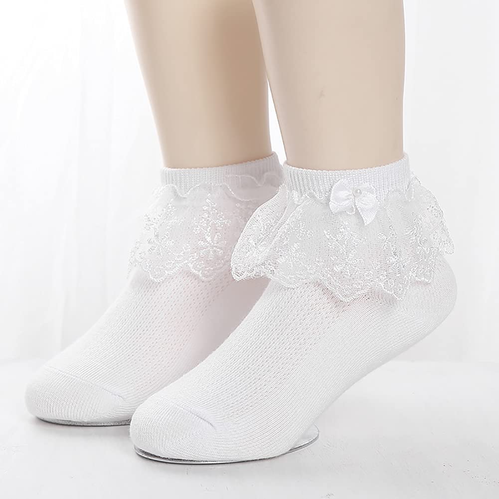 4/6 Pack Baby Toddler Girls Ruffle Socks - White Lace Frilly Princess Ankle Socks | Soft Cotton Eyelet Dress Socks for Little Kids | Perfect for Parties, Photos & Special Occasions