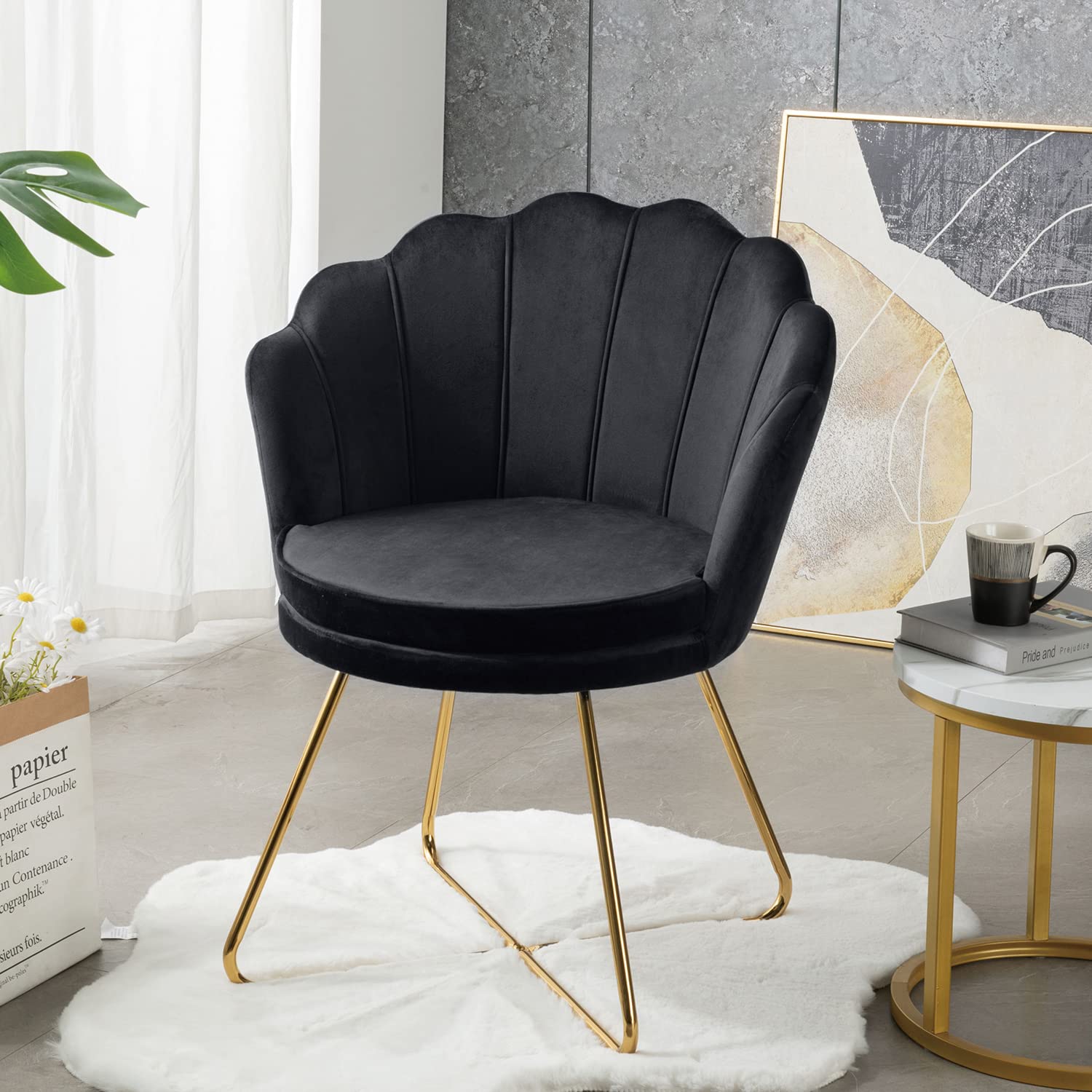 Furnimart Velvet Upholstered Accent Chair Stool with Gold Plated Legs - Curved Vanity Chair for Bedroom, Living Room, Office & Guest Reception - Elegant Home Decor for Sitting Area, Dressing Table & Lounge (Black)