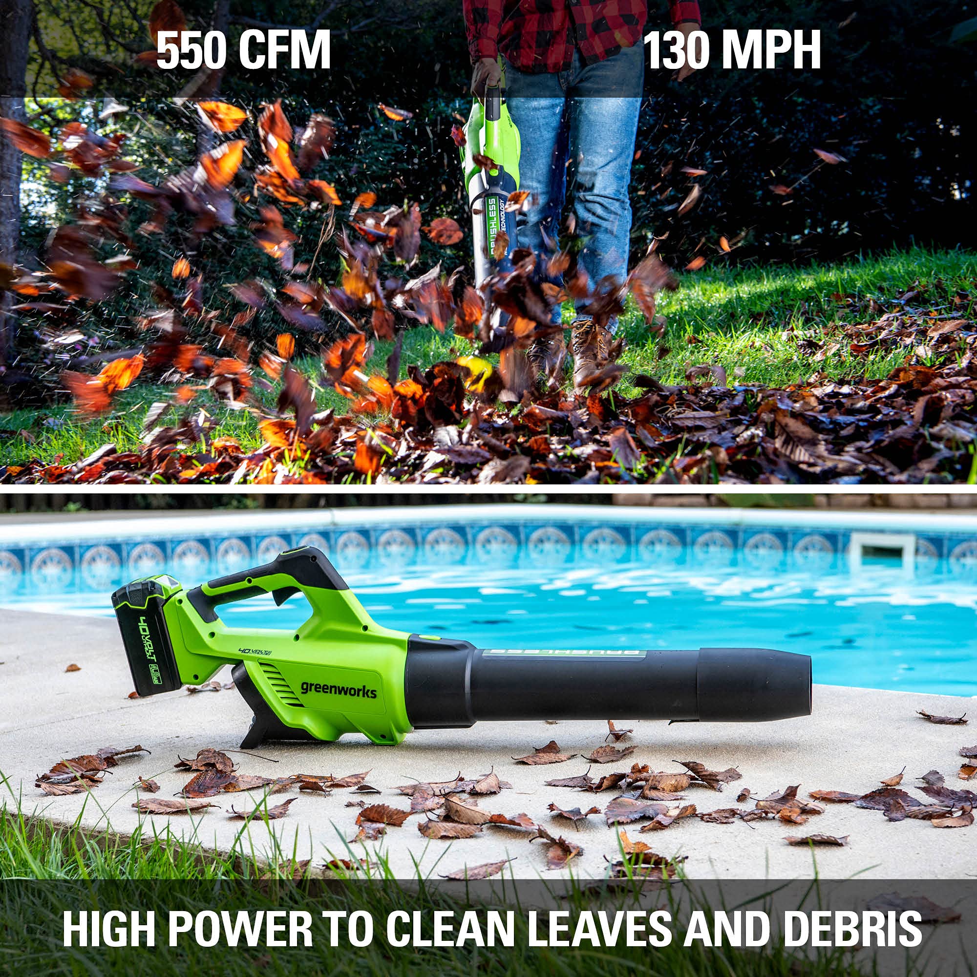 GreenWorks 40V Brushless Axial Leaf Blower (550 CFM / 130 MPH) with 4Ah Battery & USB Charger - Includes 40V Hedge Trimmer - Perfect for Yard Cleaning, Leaf Removal, and Garden Maintenance