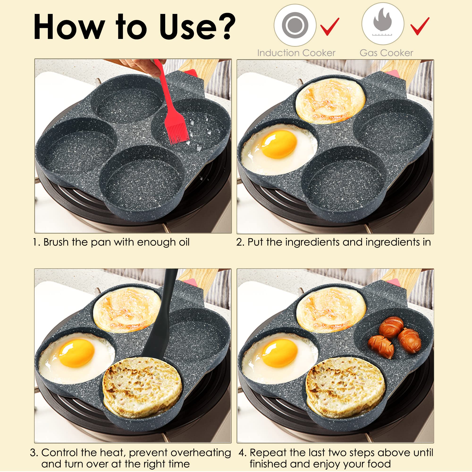 Non Stick Egg Frying Pan - 4-Cup Aluminum Cookware with Spatula & Brush, Perfect for Breakfast Pancakes, Omelets & Crepes | Even Heating, Easy to Clean | Ideal for Home Kitchen, Camping & RV Cooking