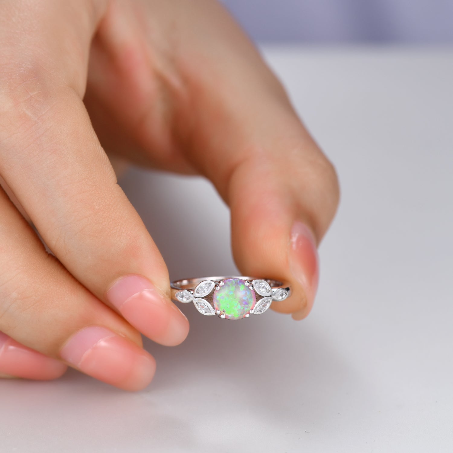 Seven Stones Pink Opal & Marquise Moissanite Engagement Ring in 14K White Gold - Perfect for Proposals, Anniversaries & Bridal Jewelry