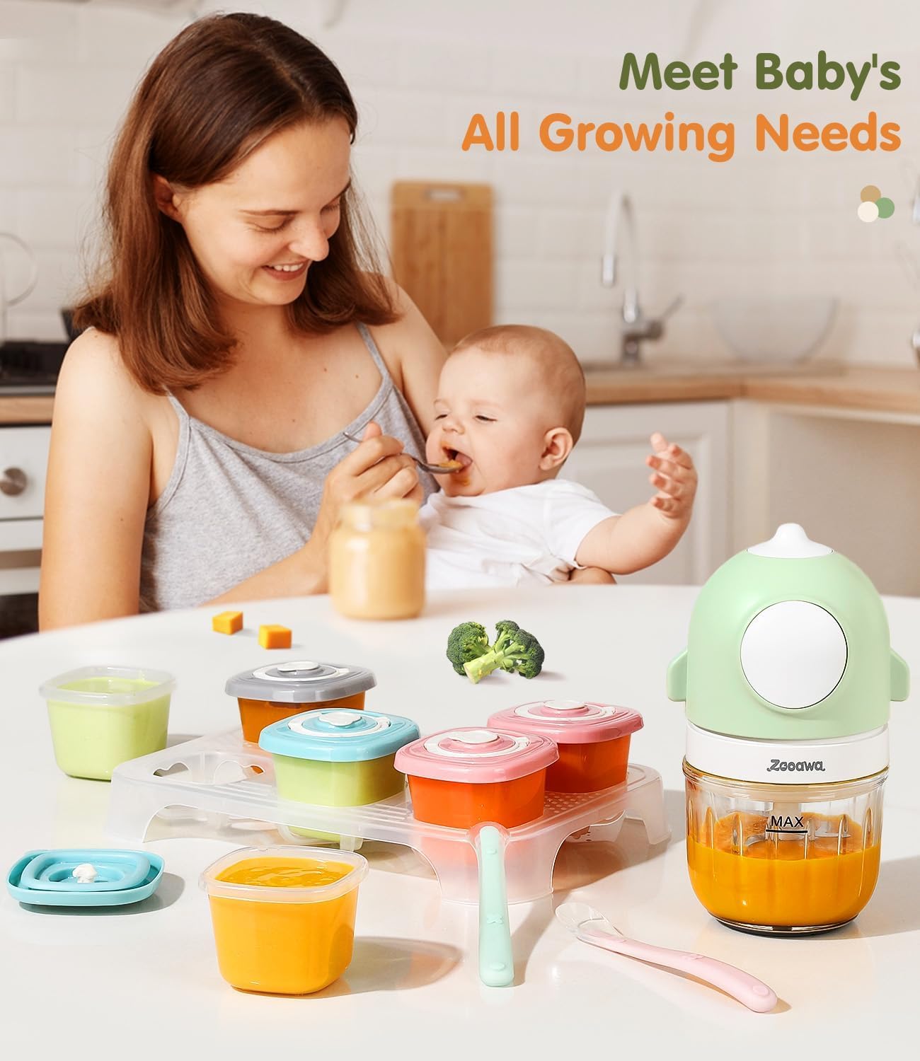 Zooawa 13-in-1 Baby Food Maker & Blender with Silicone Spoon & Storage Containers - Puree Maker for Fruits, Vegetables, Meat - Essential Baby Food Processor Gift Set (Pea Green) - Perfect for Homemade Baby Food Prep & On-the-Go Feeding