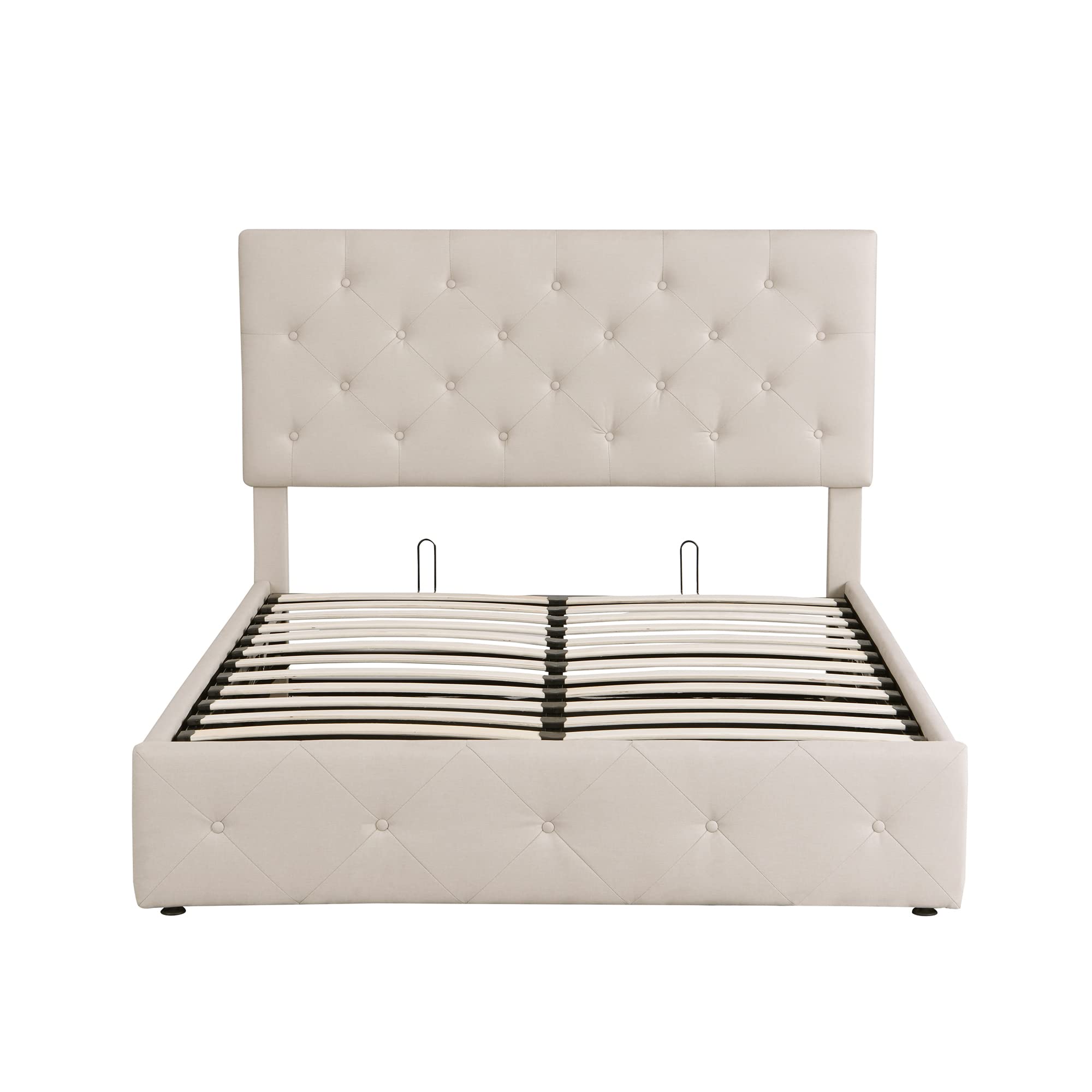 P PURLOVE Upholstered Platform Bed Frame with Button Tufted Headboard & Hydraulic Storage, Wood Slat Support - No Box Spring Needed, Full Size Beige Bed for Master Bedroom, Guest Room & Small Space