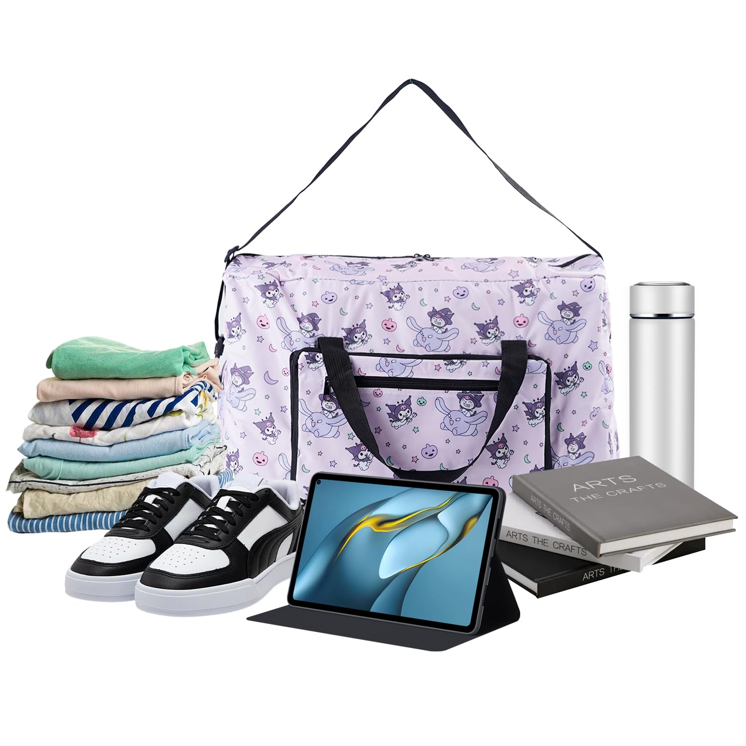 Anime Travel Tote Bags for Women - Foldable Lightweight Overnight Duffel Bag with Trolley Sleeve - Perfect for Gym, Work & Weekend Getaways (Purple Cartoon Design)