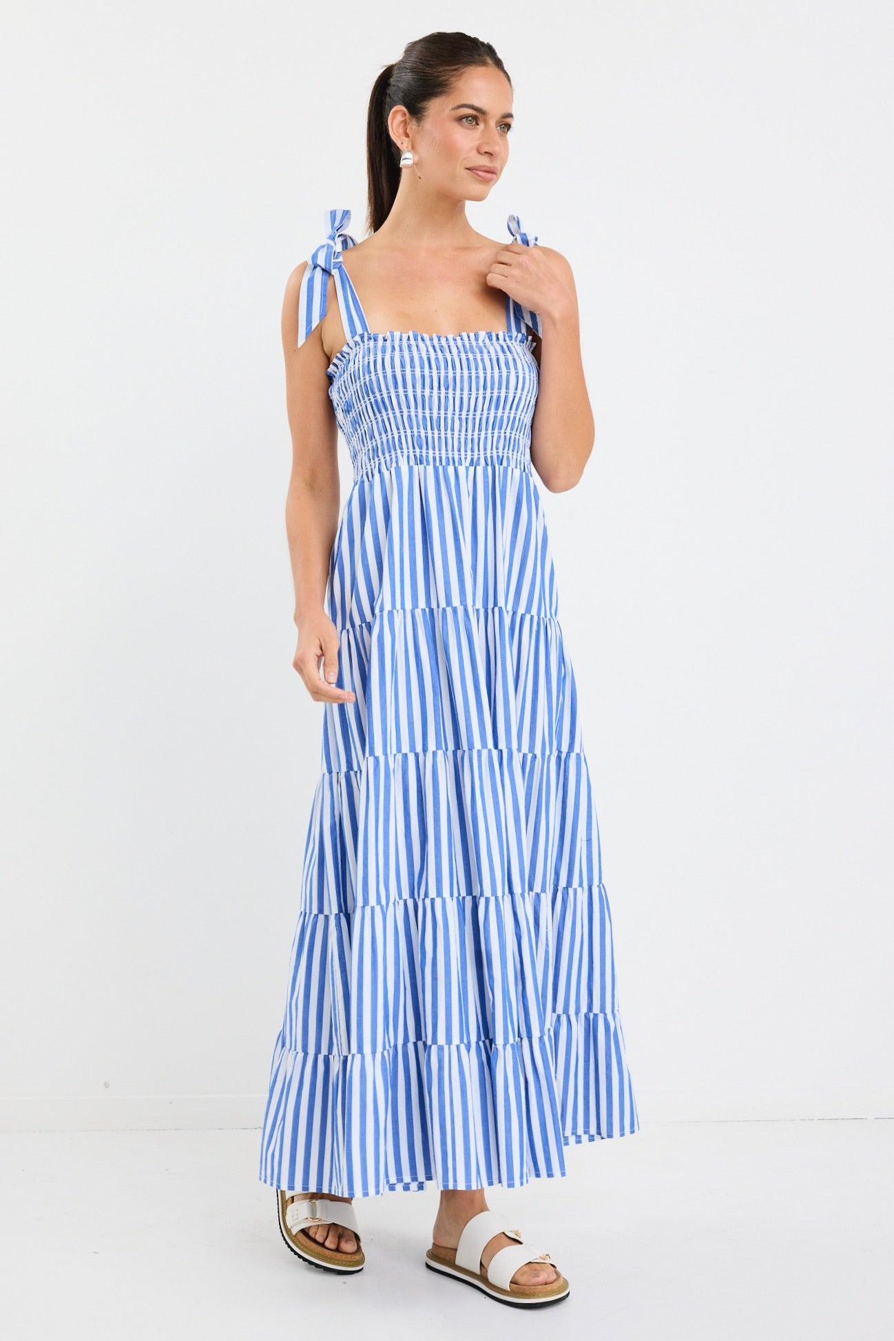 Isabella Blue and White Striped Strappy Tiered Maxi Dress - Perfect for Beach Vacations, Summer Parties & Boho Chic Outfits