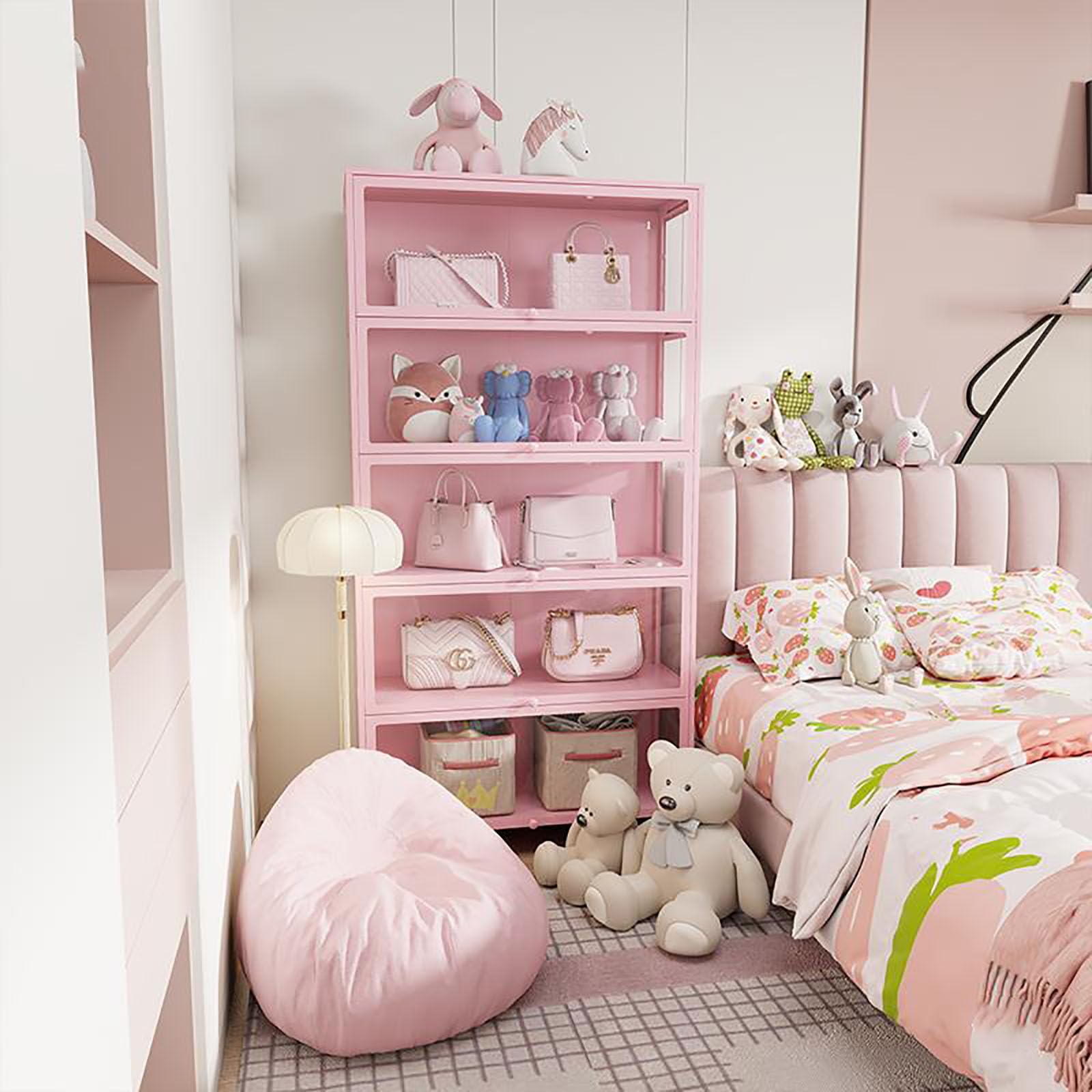 Pink Glass Curio Display Cabinet with Acrylic Door - 100x176cm Large Collectible Storage Shelf for Toys, Figurines & Memorabilia - Perfect for Living Room, Bedroom or Office Display
