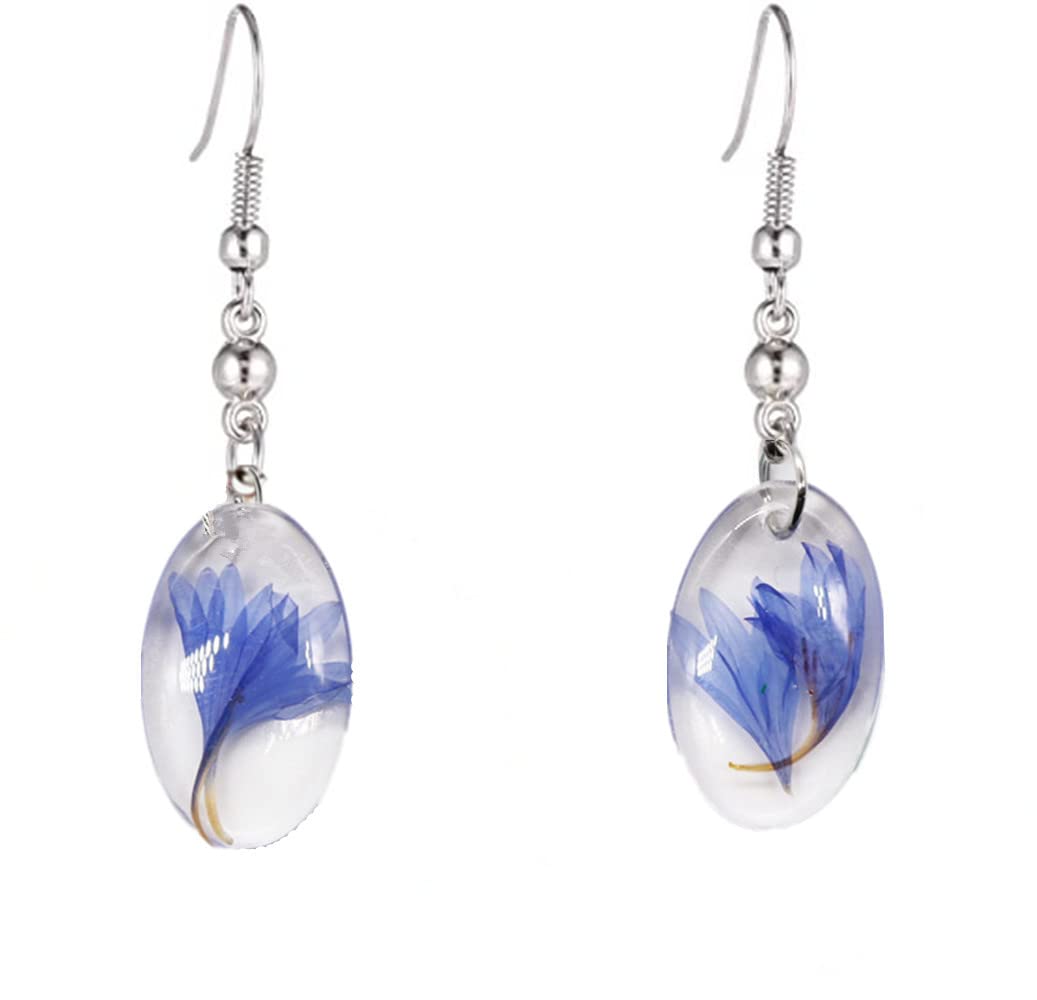 Pressed Flower Earrings for Women - Handmade Resin Dangle Earrings with Real Flowers - Unique Floral Jewelry Gift for Birthday, Wedding, or Boho Fashion Accessories