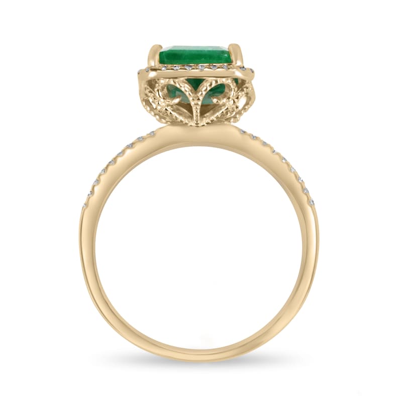 2.95tcw 14K Gold Emerald Cut Green Gemstone & Diamond Halo Floral Right Hand Ring for Women - Perfect for Engagement, Anniversary, or Special Occasion Gift
