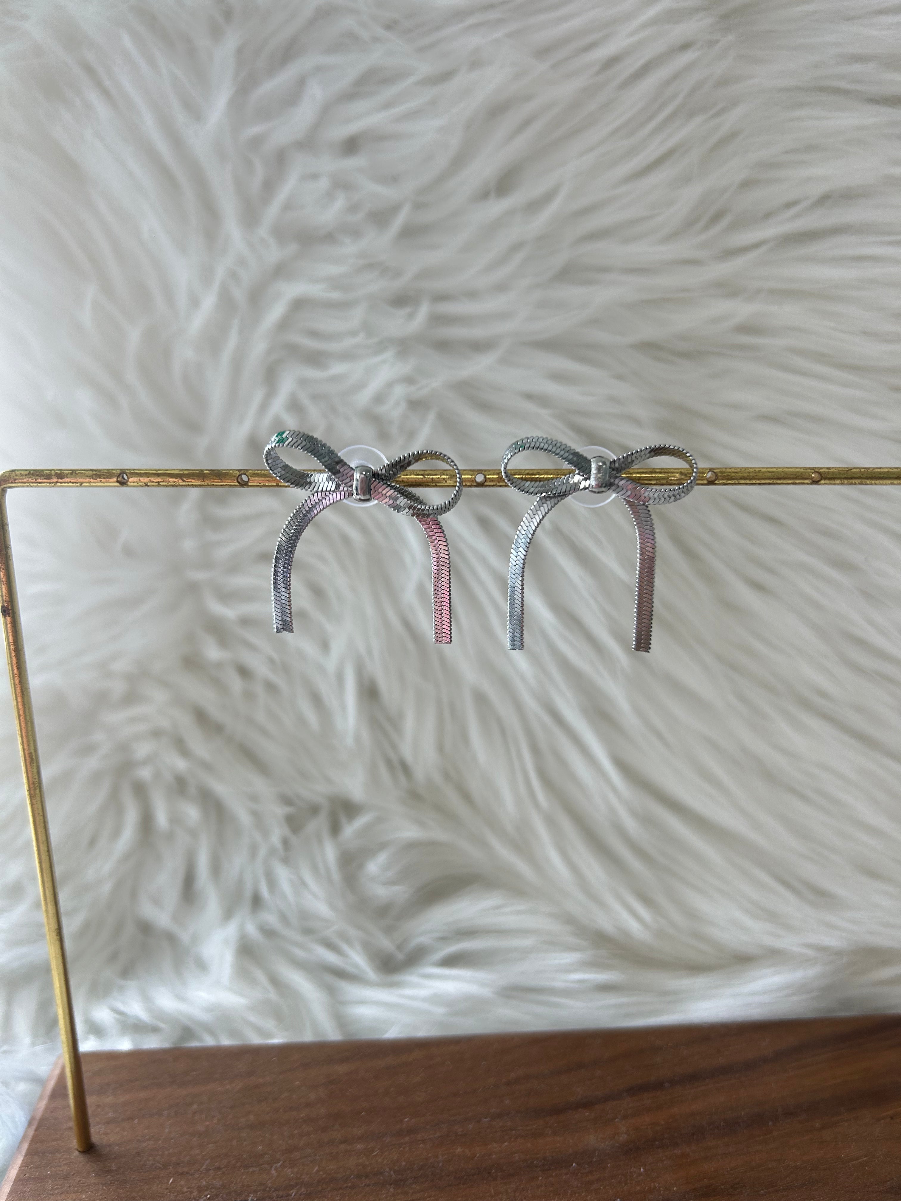 Lauren Kenzie Herringbone Bow Earrings for Women - Elegant Sterling Silver Dangle Earrings - Perfect for Parties, Weddings & Everyday Wear