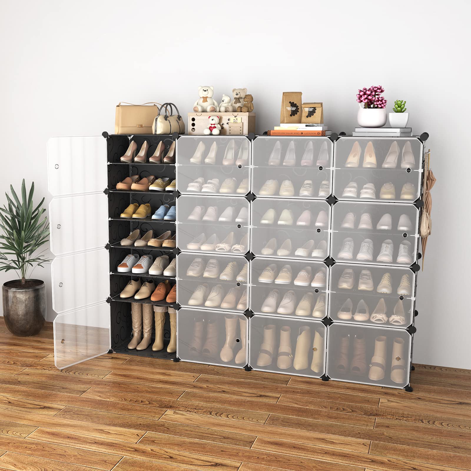 Portable Shoe Storage Cabinet with Door - Holds 64 Pairs of Shoes, Adjustable Plastic Shoe Rack Organizer, Stackable & Expandable 8-Tier Black Shoe Shelf for Easy Assembly - Perfect for Closet, Entryway, Bedroom & Mudroom Organization