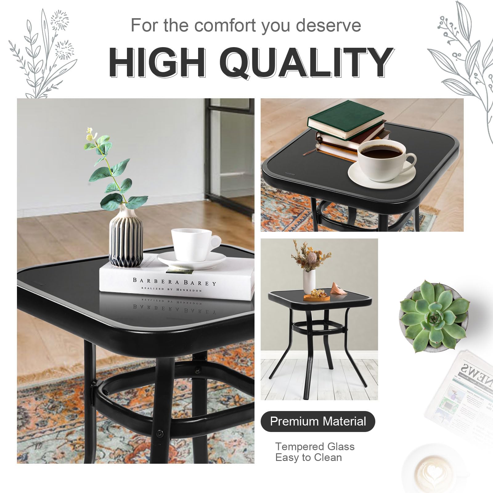 Crownland 3-Piece Outdoor Patio Set - Black Iron Rocking Chairs with Thickened Grey Cushions & Glass Coffee Table - Perfect for Garden, Porch, and Backyard Relaxation