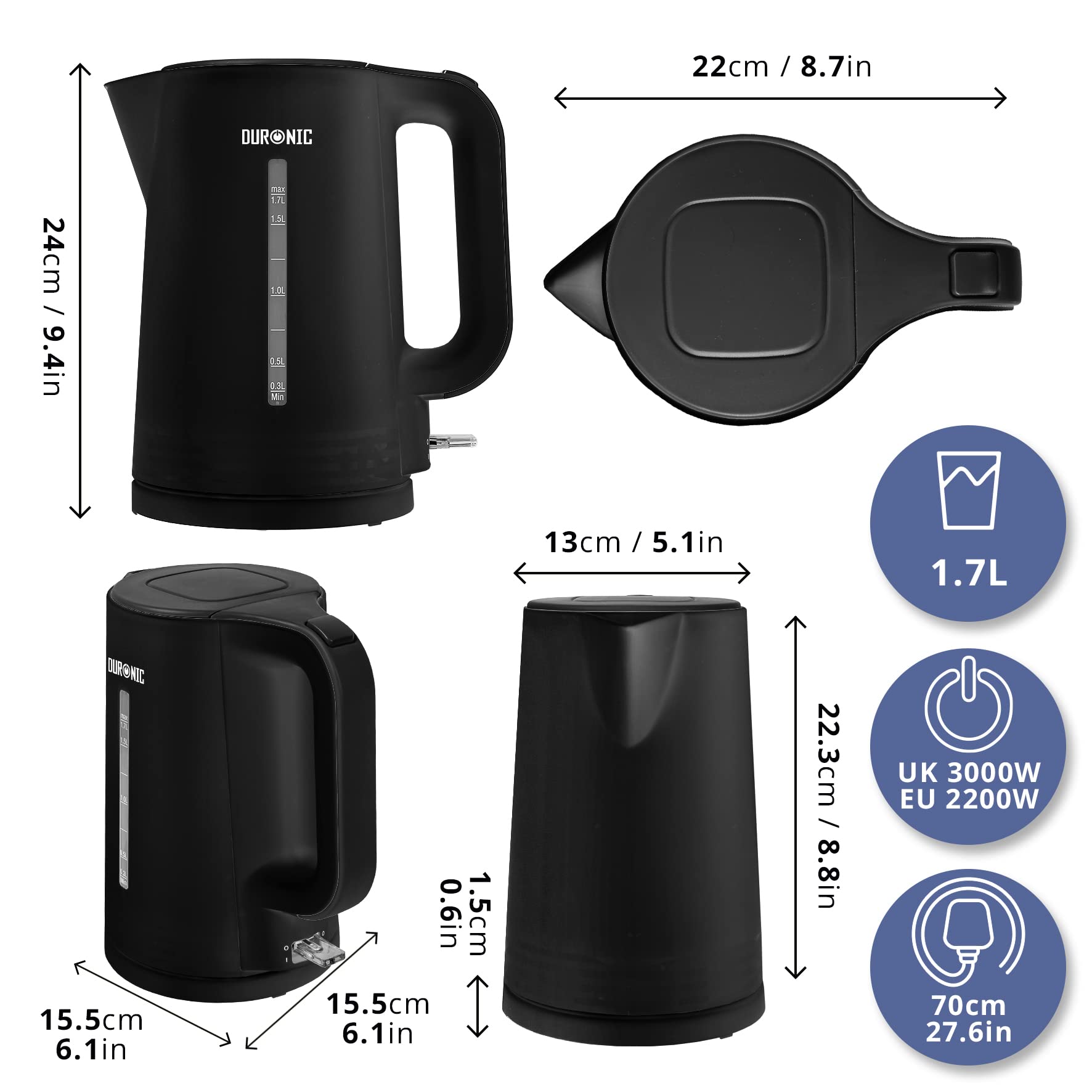 **Duronic EK17BK Electric Kettle - Fast Boiling, Cordless, Quiet & Safe with Dry Protection - Perfect for Tea, Coffee, Hot Chocolate & Soup - Ideal for Home, Office & Dorm Use**