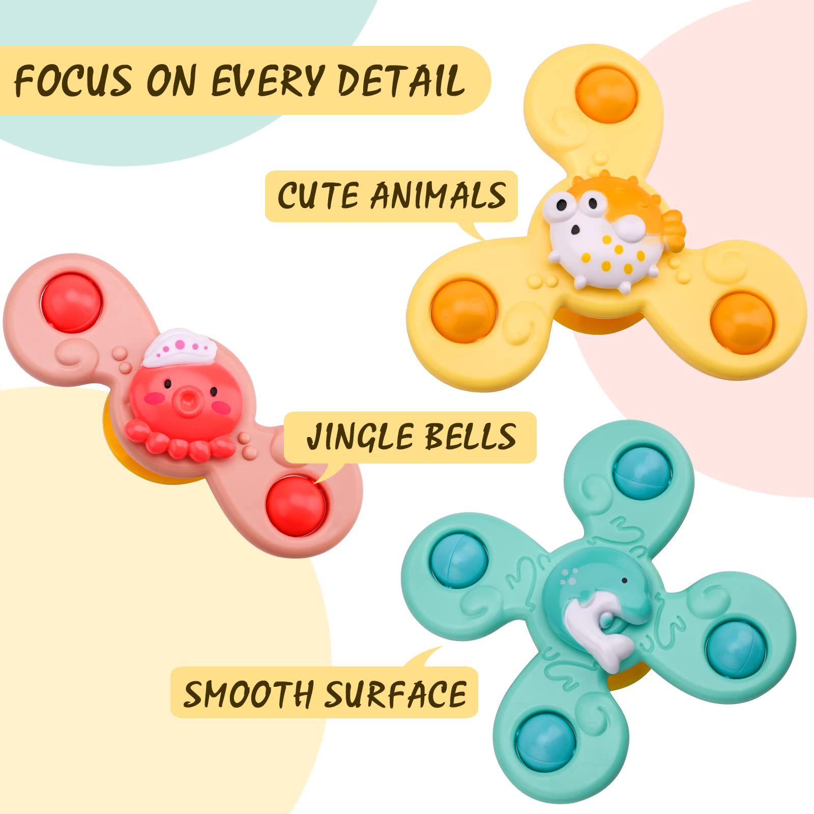3-Piece Suction Cup Spinning Top Toy Set - Cartoon Ocean Spinner for Baby High Chair, Bathtub & Table Play - Sensory Rotation Game for Toddlers - Fun Developmental Gift for Kids (Dining, Bath Time & Sensory Play)