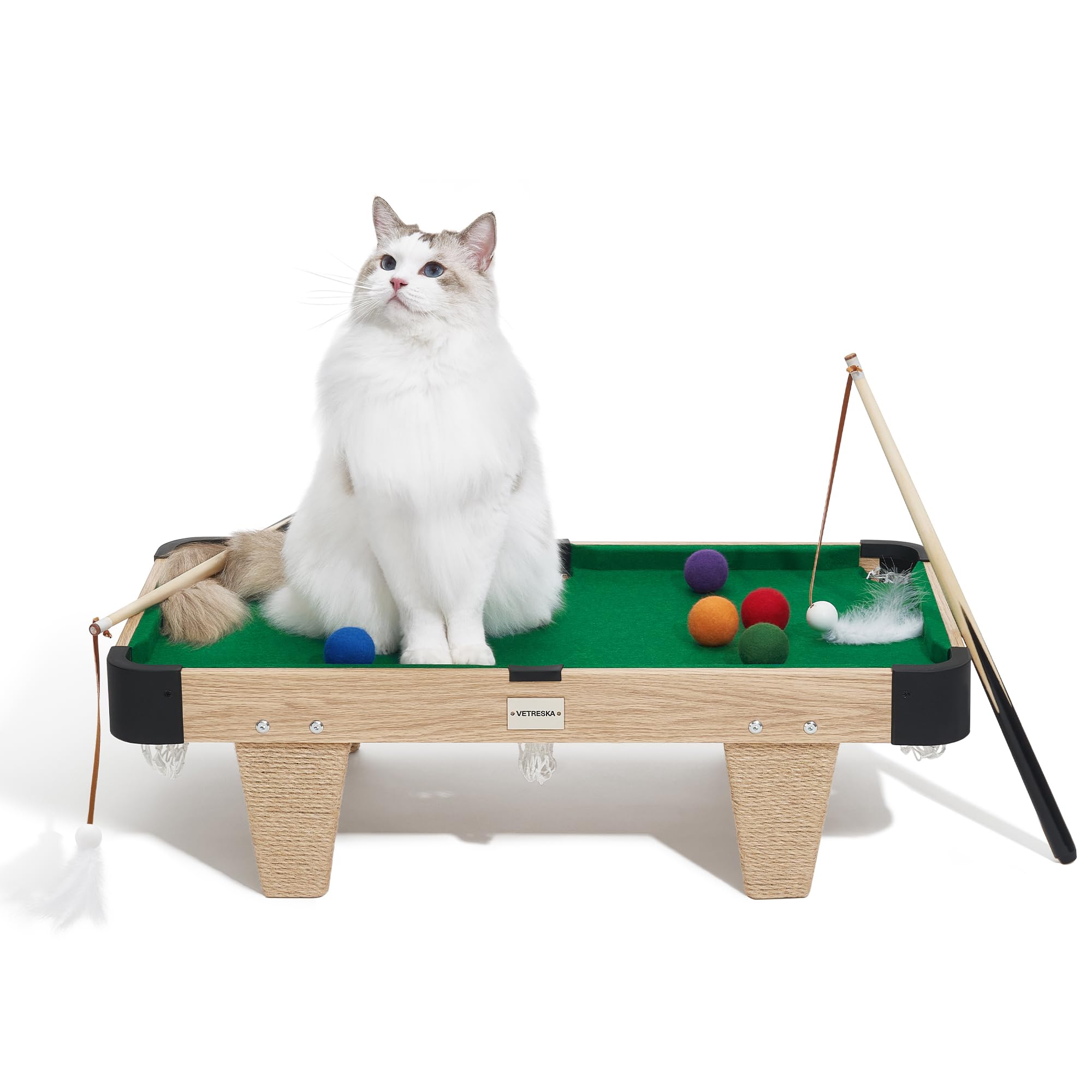 VETRESKA 4-in-1 Cat Toy Set - Mini Pool Table with Feather Wand, Billiard Balls & Scratching Post - Interactive Puzzle Toy for Indoor Cats - Fun Exercise & Play Furniture for Kittens - Perfect for Playtime, Training & Mental Stimulation