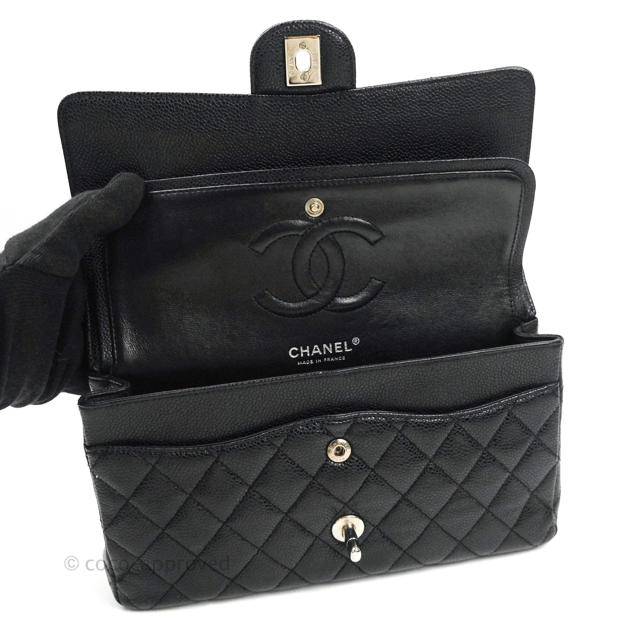 Chanel Classic Medium Double Flap Bag Black Caviar Leather with Silver Hardware - Luxury Designer Handbag for Women, Perfect for Work, Evening & Special Occasions