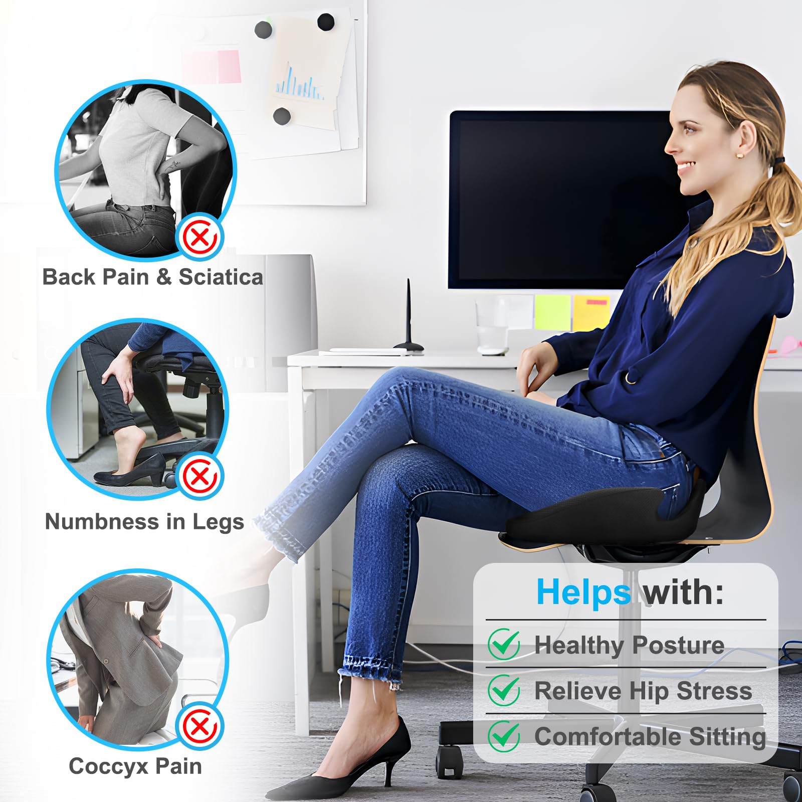 Memory Foam Seat Cushion for Office Chairs - Sciatica & Tailbone Pain Relief - Gaming & Wheelchair Use