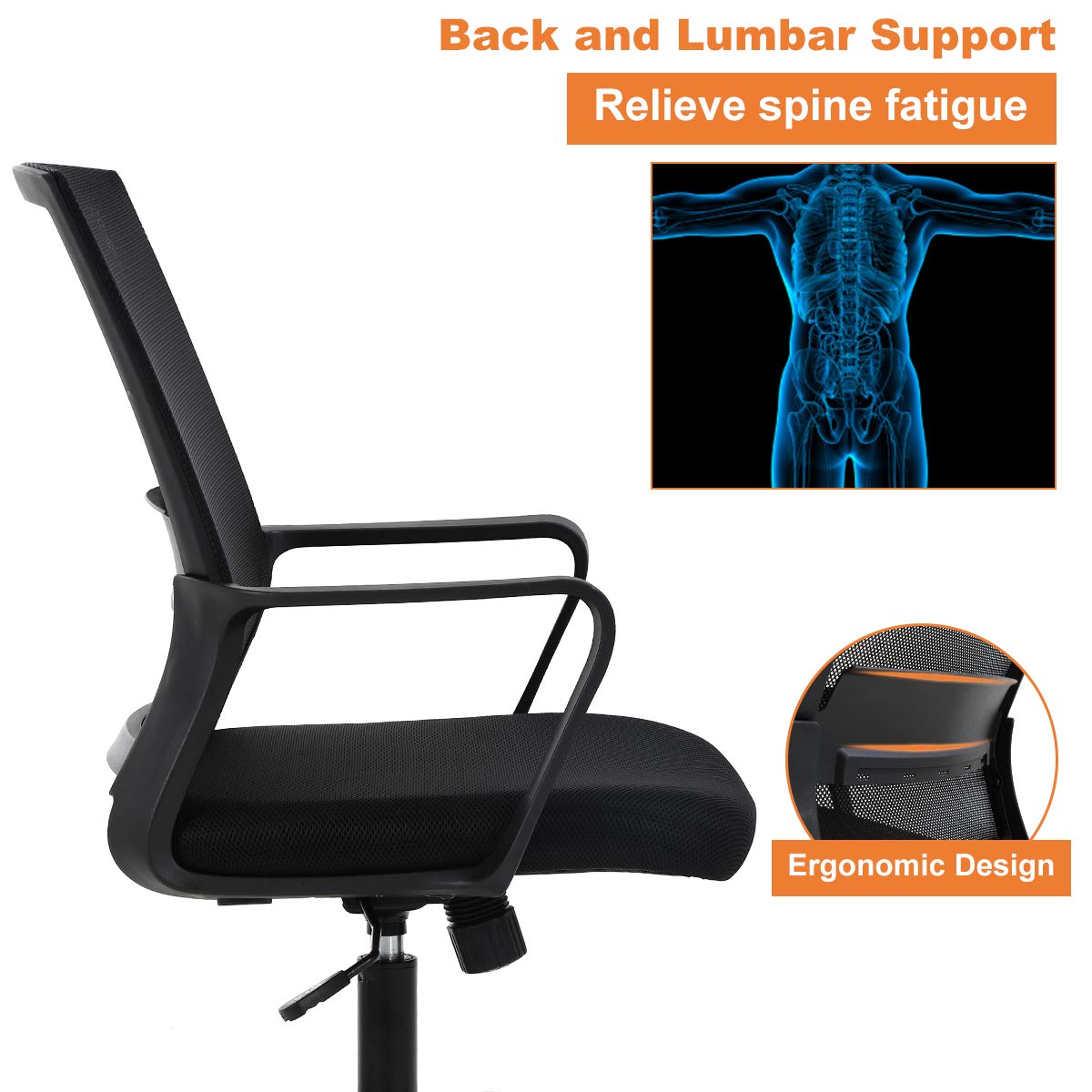 Ergonomic Mid-Back Mesh Office Chair with Adjustable Lumbar Support - Swivel Rolling Computer Desk Chair for Home & Office Use - 250lbs Weight Capacity (Black) - Perfect for Long Work Hours, Gaming & Study Sessions