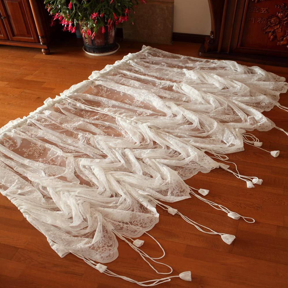 Elegant White Lace Embroidered Sheer Balloon Curtains - Adjustable Tie-Up Window Drapes with Floral Tulle Design (78