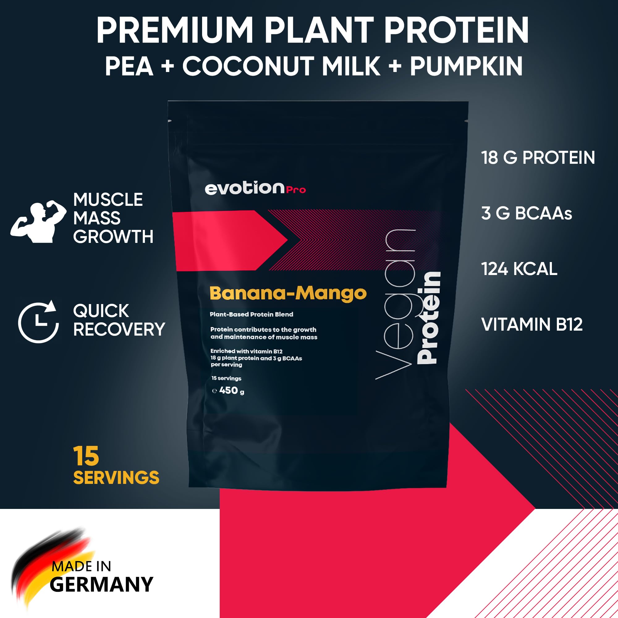 EVOTION PRO Vegan Protein Powder 450g - 18g Plant-Based Protein, 3g BCAAs - Pea, Pumpkin & Coconut Milk Protein - Lactose Free, Gluten Free - Banana Mango Flavor (15 Servings) - Perfect for Post-Workout Recovery & Smoothies