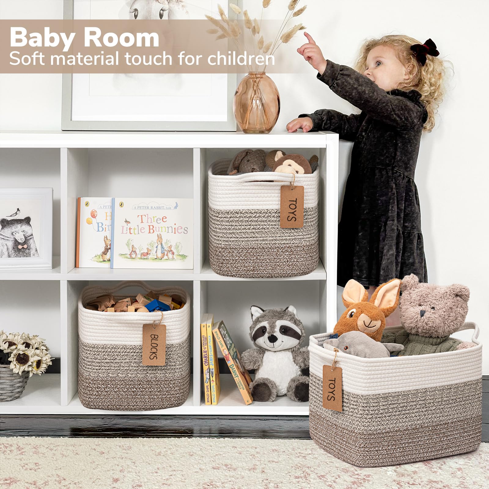 Goodpick Woven Storage Baskets 3-Pack - Nursery, Toy & Home Organizer - White & Brown, 13x10x9in