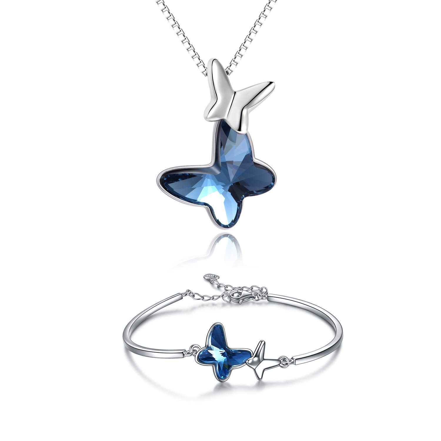 Elegant AOBOCO Sterling Silver Chasing Butterfly Necklace & Bracelet Set with Genuine Austrian Crystals | Perfect Butterfly Jewelry Gift for Women, Anniversary & Birthday Present | Ideal for Date Nights, Weddings & Special Occasions