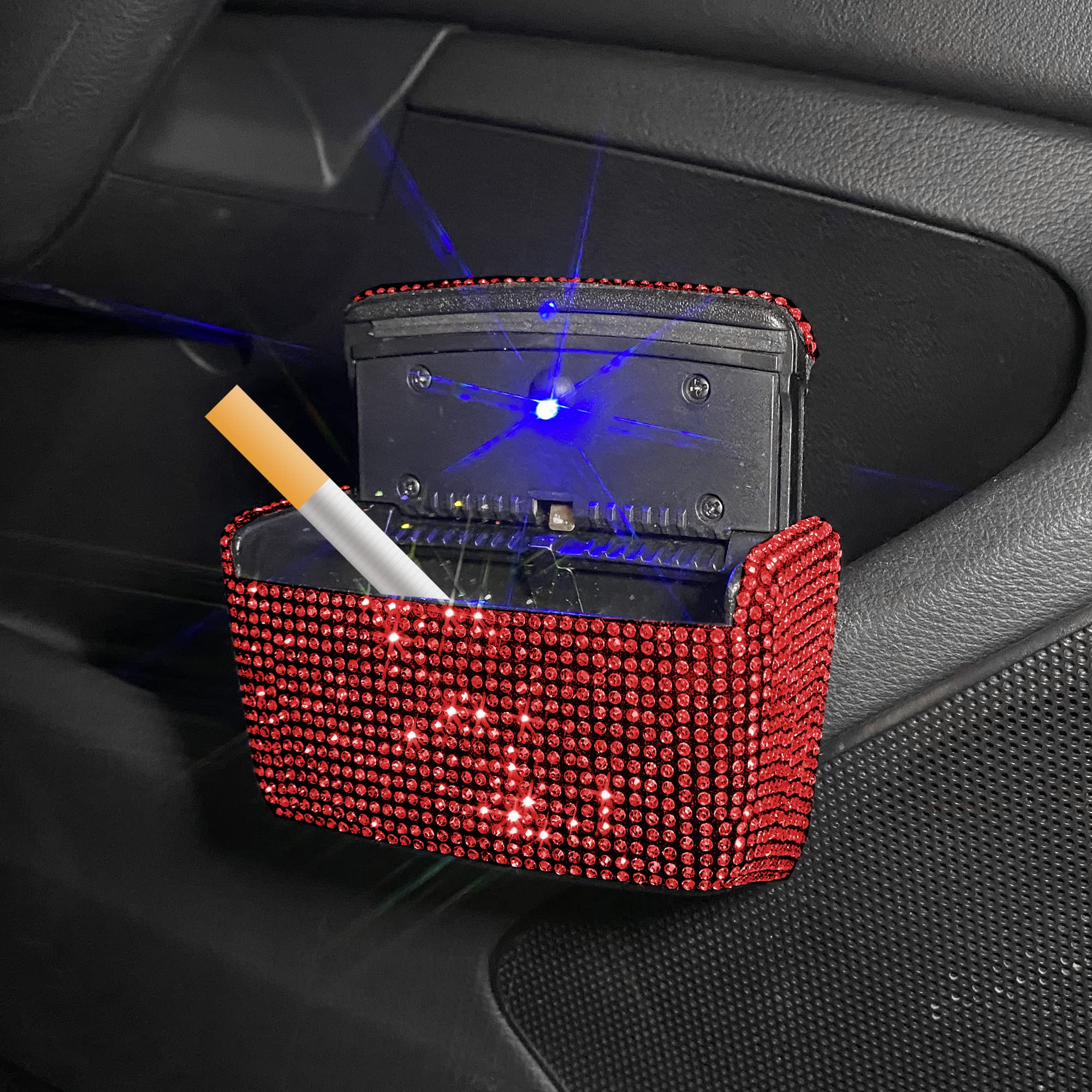 Smokeless Car Cup Holder Ashtray with Lid & Blue LED Light - Auto Cigarette Lighter Ashtray for Vehicles - Perfect for Road Trips, Commuting and Smoking Drivers (Red)