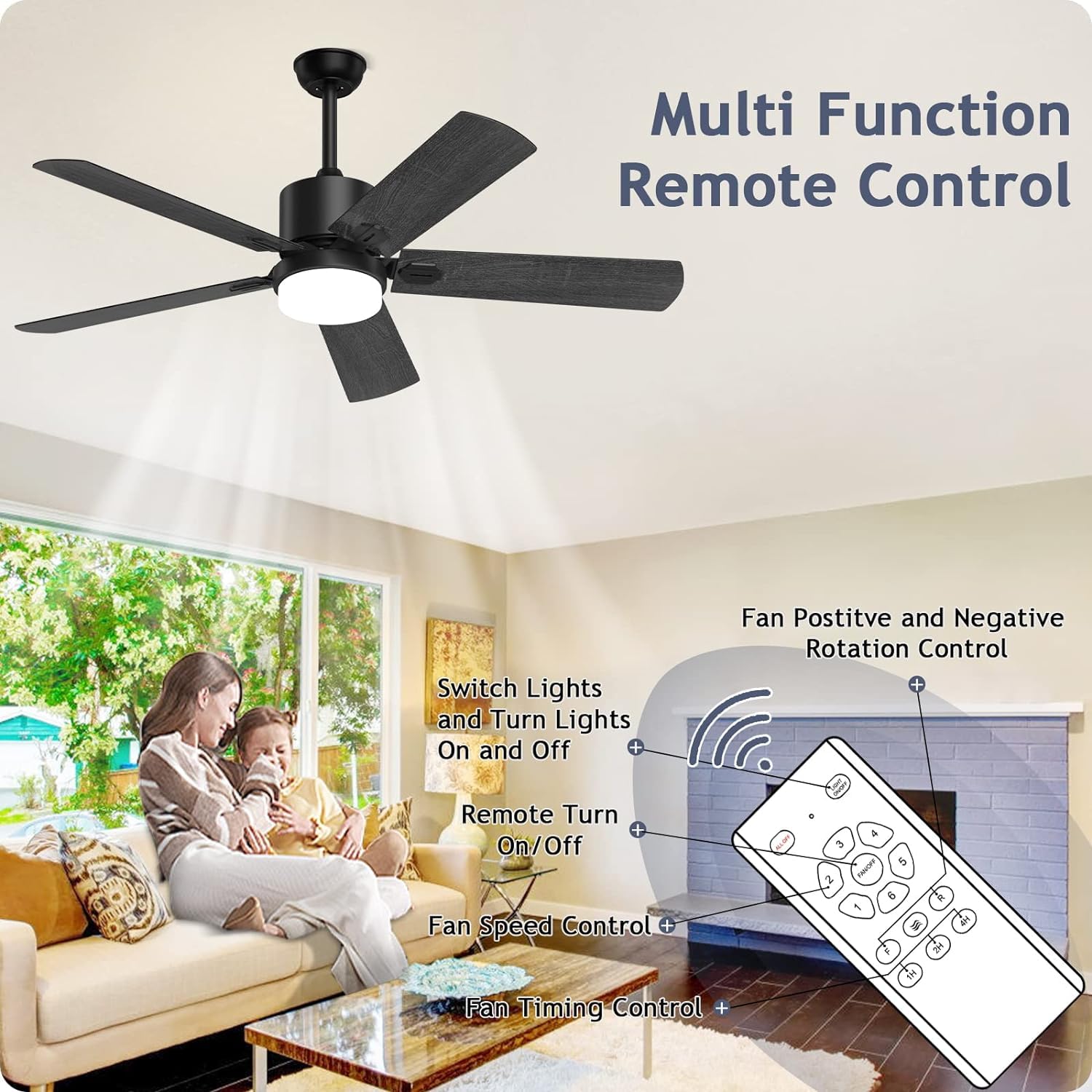 Black Ceiling Fan with Light - 6 Speed Adjustable, Noiseless DC Motor for Living Room & Bedroom - Walnut