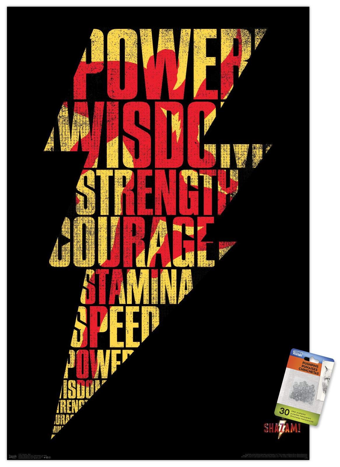 DC Comics Shazam Movie Poster - Lightning Bolt Wall Art with Push Pins - Perfect for Bedroom, Game Room & Superhero Fan Decor