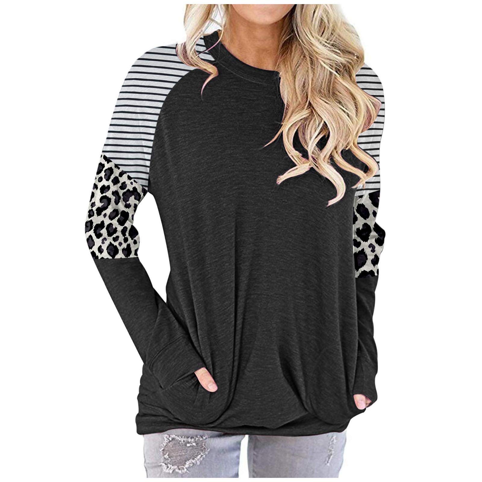 Women's Casual Color Block Long Sleeve Round Neck Pocket T-Shirt Blouse - Comfortable Sweatshirt Top for Everyday Wear, Work & Outfits