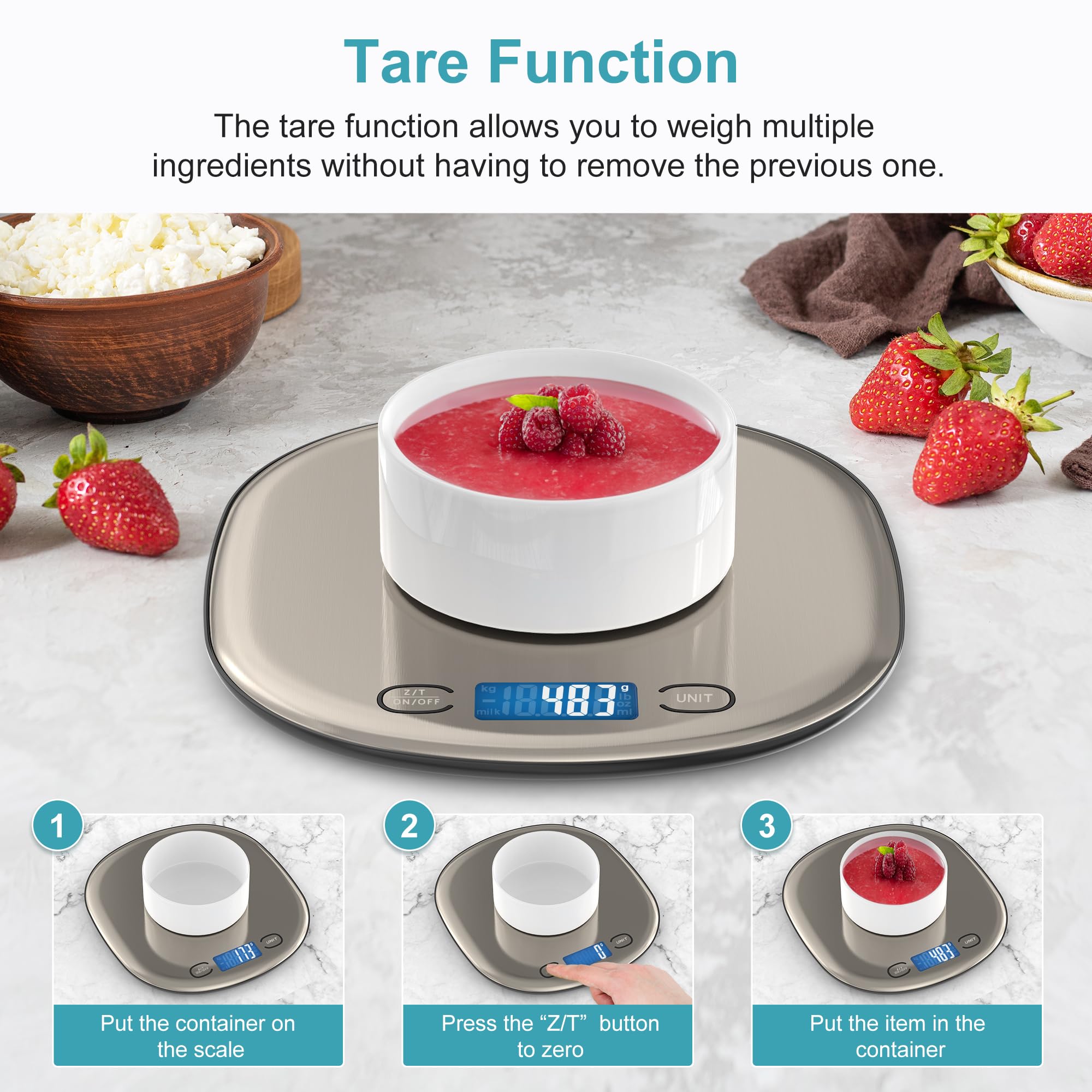 Ultrean 33lb Rechargeable Digital Kitchen Scale - Large Food Scale with LCD Display, 1g Precision for Cooking, Baking & Meal Prep | Slim Lightweight Design for Home & Commercial Use