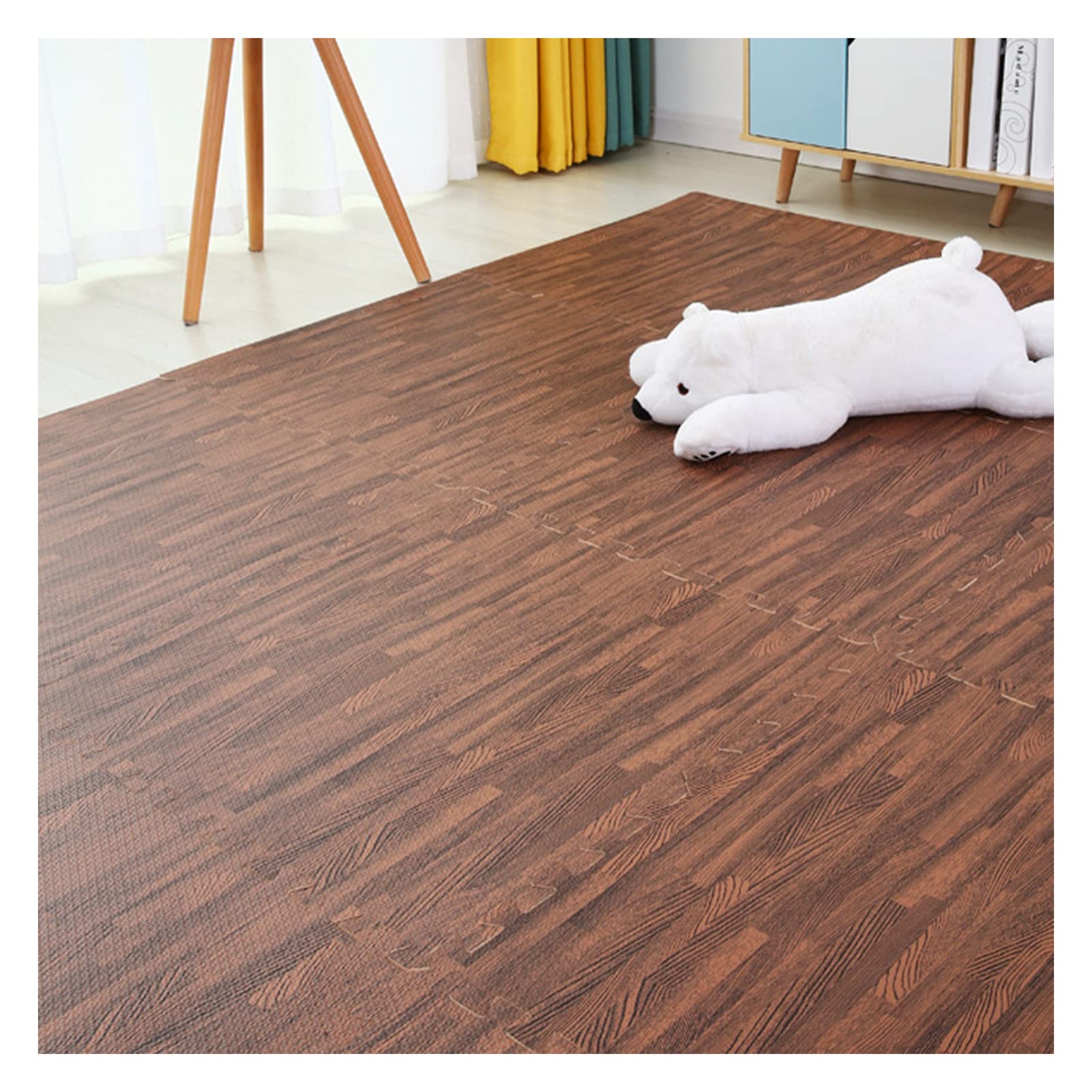 16-Piece Interlocking Foam Floor Mats - Wood Grain Design, Non-Slip Puzzle Play Mat for Kids & Adults (60x60x1cm, Dark Brown) - Perfect for Nursery, Playroom, Gym, and Home Office Floor Protection