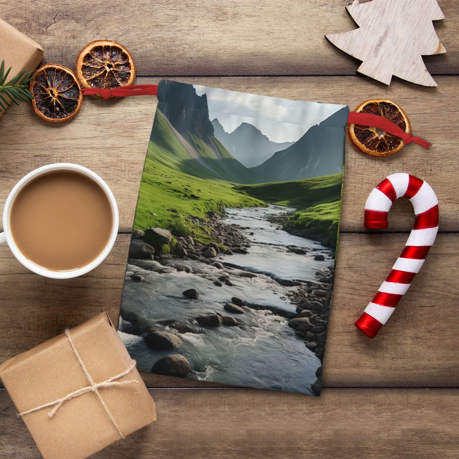 Eco-Friendly Reusable Drawstring Gift Bags with Mountain Valley Rainbow Print - Perfect for Christmas, Birthday, Holidays & Special Occasions - Great for Party Favors, Wedding Gifts & Corporate Events
