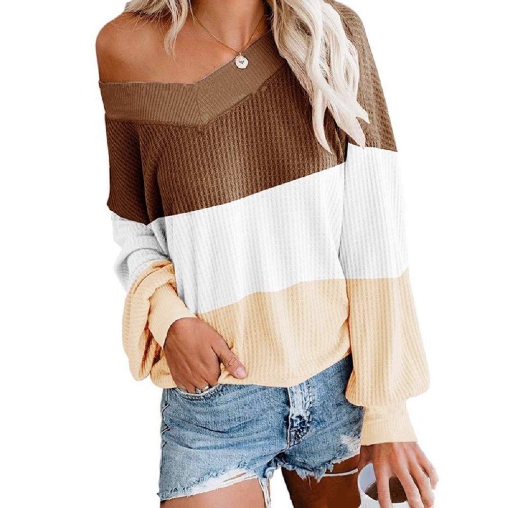 Dreamskull Women's V-Neck Batwing Long Sleeve Waffle Knit T-Shirt Off Shoulder Sweater Top | Casual Fall Winter Pullover for Layering, Date Night & Office Wear