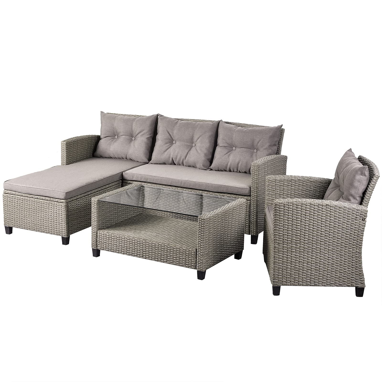 4-Piece Wicker Sectional Sofa Set with Cushions & Glass Table - Patio, Outdoor, Living Room Furniture