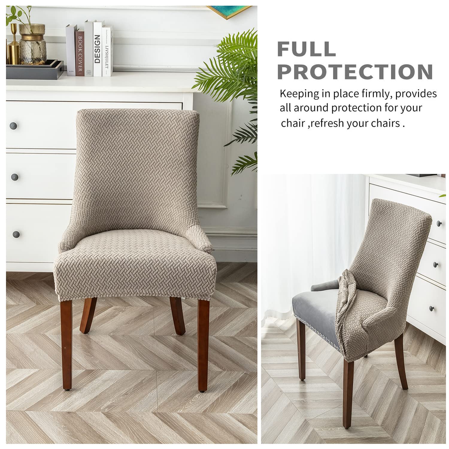 Stretch Diagonal Stripes Wingback Chair Slipcovers - Washable Reusable Armchair Protector Covers Set of 2, Khaki - Perfect for Dining Room Chairs, Kitchen Seating & Home Decor Protection