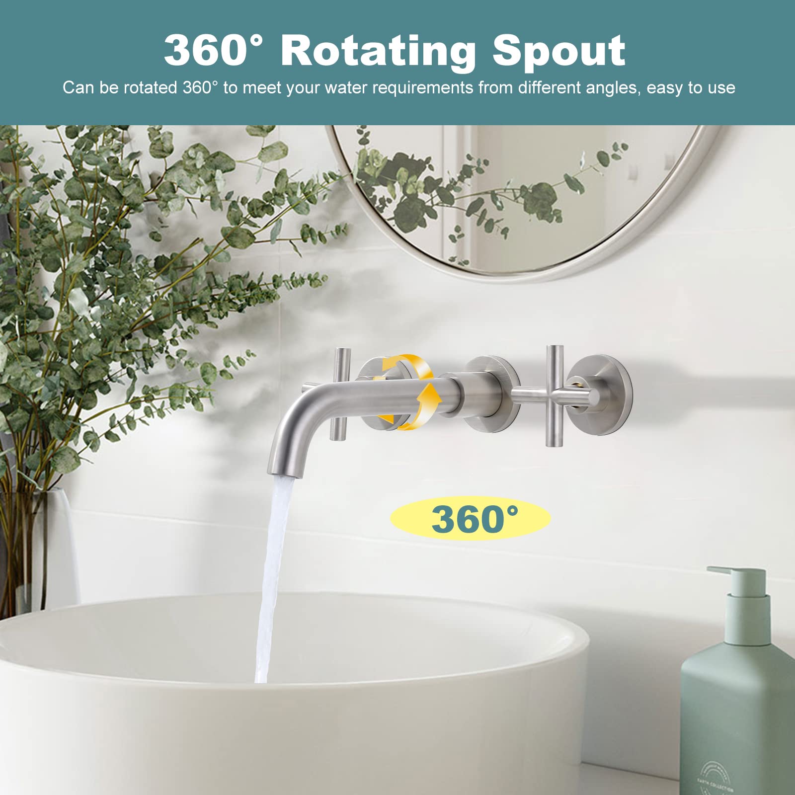 ARCORA Brushed Nickel Wall Mount Bathroom Faucet - 2 Handle Vessel Sink Faucet with Rough-in Valve - Perfect for Modern Bathrooms & Powder Rooms