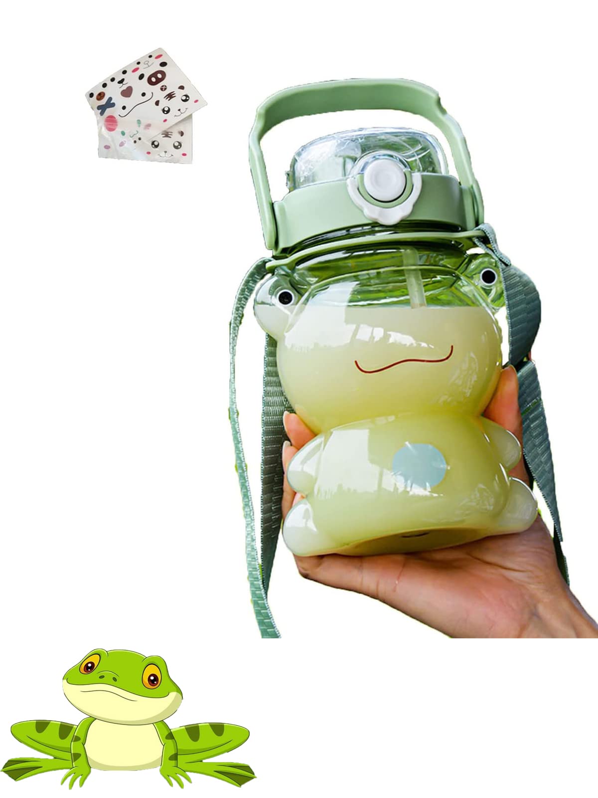 VIPUDA Cute Green Frog Water Bottle with Straw & Strap - BPA-Free Leakproof Plastic Sports Water Bottle for Kids, School, Gym & Outdoor Activities - Perfect for Hydration at Playground, Hiking & Travel (Green)