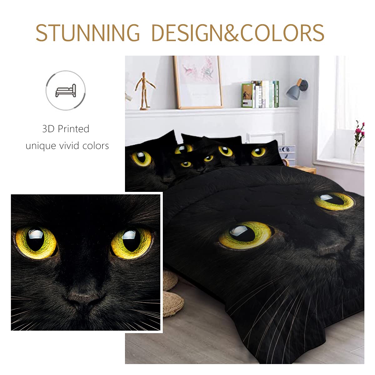 **BlessLiving 8-Piece Black Cat Comforter King Size Bedding Set - Cute Animal Print, Includes 1 Comforter, 2 Pillow Shams, 1 Flat Sheet, 1 Fitted Sheet, 1 Cushion Cover, 2 Pillowcases - Perfect for Kids, Boys & Girls Bedrooms, Themed Rooms, and Cozy Sleepovers**