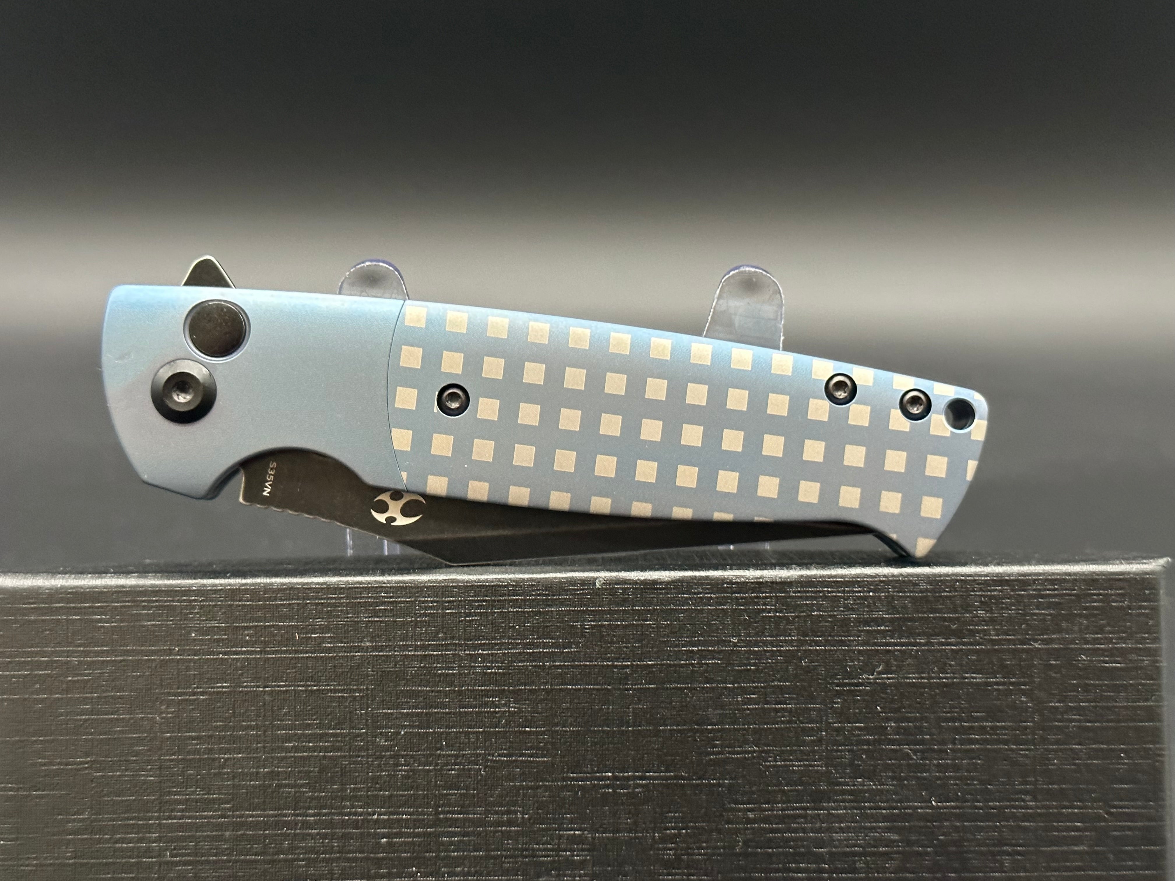 KANSEPT SHIKARI SBL Blue Titanium/White Square Handle Folding Knife - S35VN Steel Blade, EDC Pocket Knife for Outdoor, Camping, and Everyday Carry