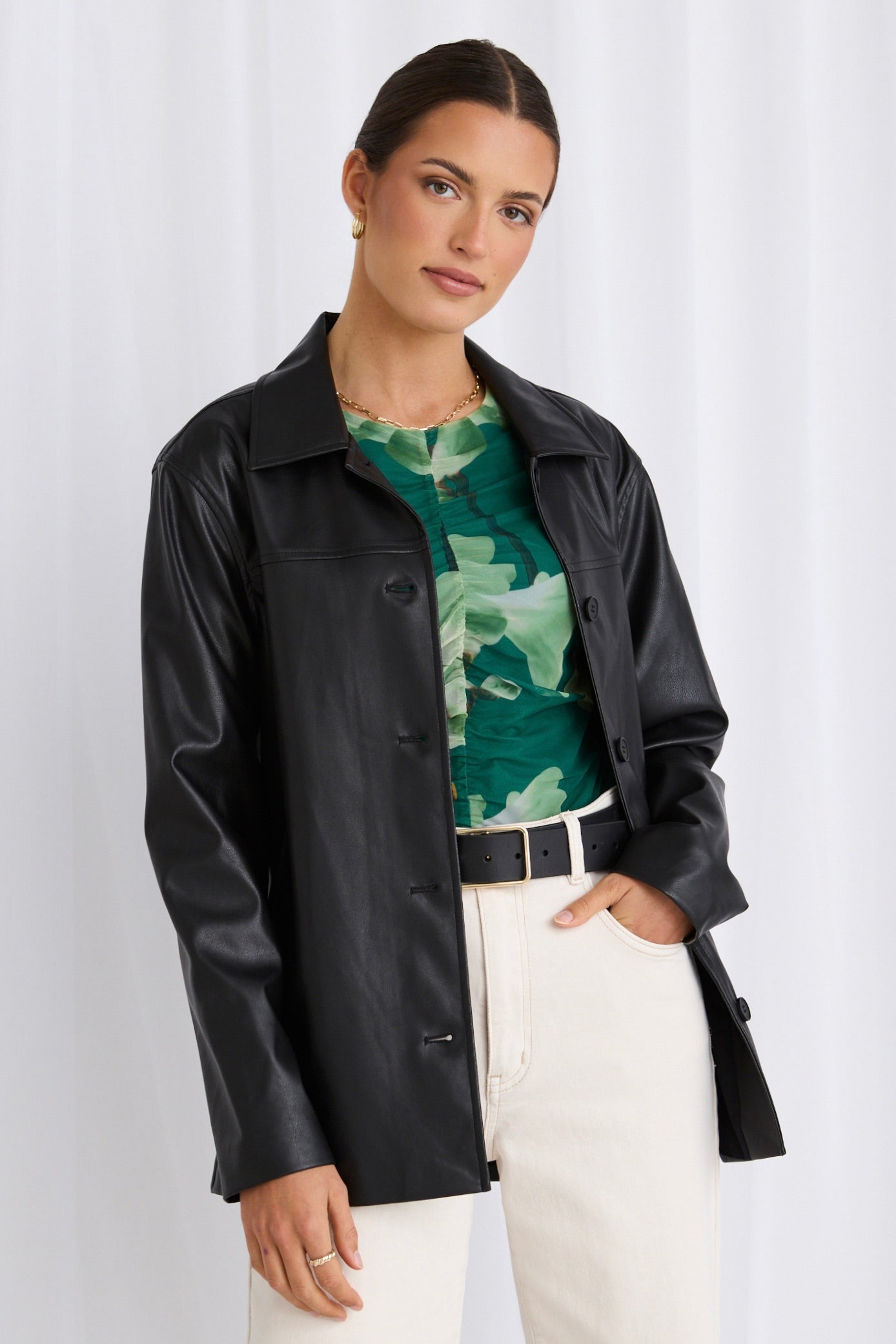 Men's Black PU Leather Shacket Jacket - Stylish & Warm for Fall & Winter Outdoor Activities
