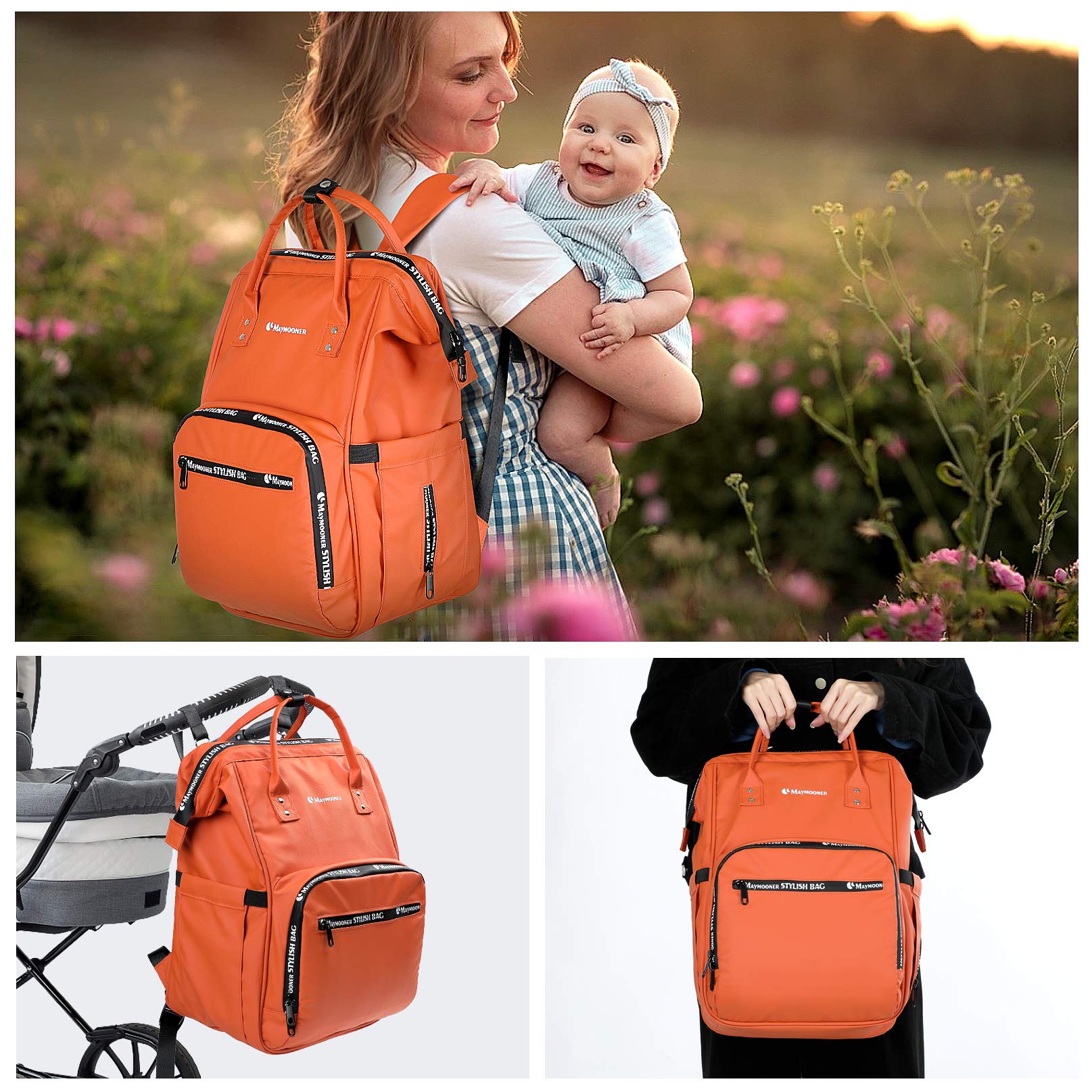 Best Waterproof Diaper Bag Backpack with Changing Pad - Large Maternity Baby Bag with Insulated Pockets, Orange Diaper Rucksack for Travel, Outings & Daily Use