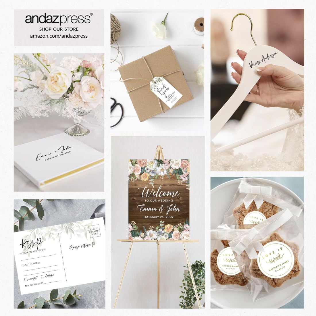 Andaz Press Floral Gold Glitter Wedding Water Bottle Labels - 20 Pack Stickers for Bridal Showers, Bachelorette Parties & DIY Wedding Decor