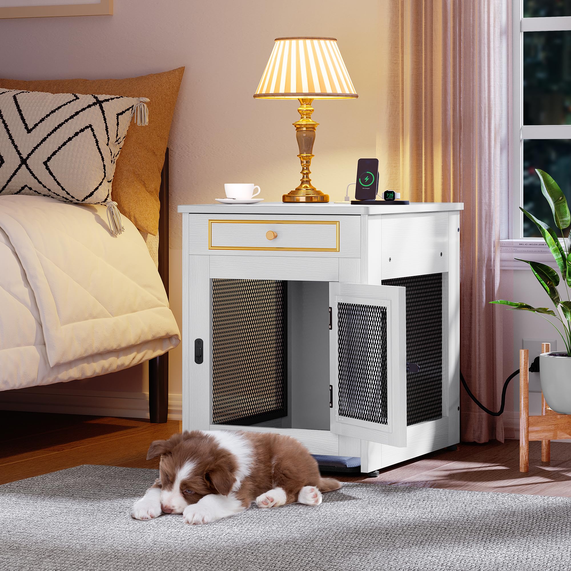 YITAHOME Wooden Dog Crate Furniture - Indoor Pet Kennel with Cushion Tray & Drawer for Small Dogs Under 25 lbs, White End Table with Dual USB Charger - Perfect for Living Room, Bedroom & Home Office Pet Space
