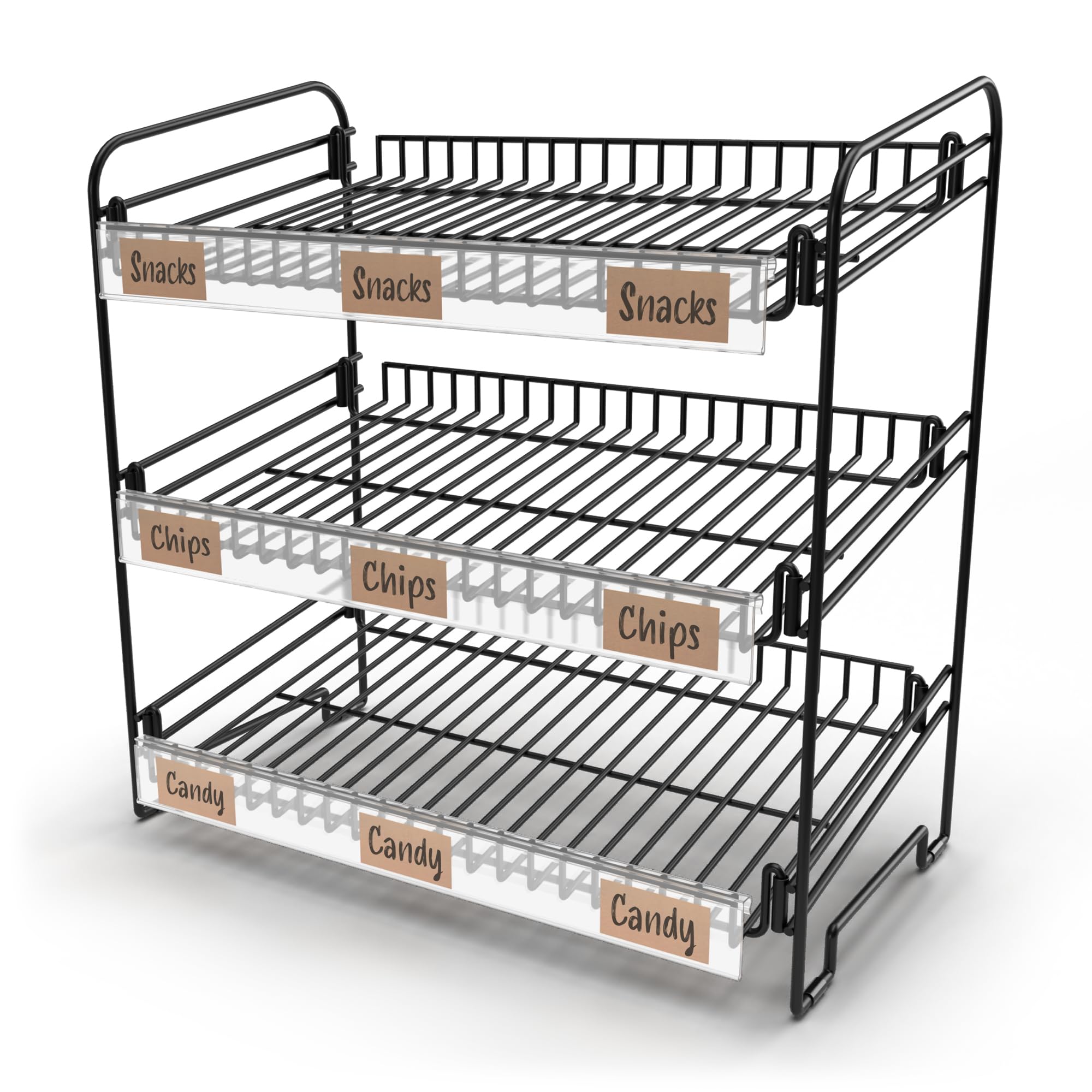 3-Tier Black Candy & Snack Display Rack with Clips - Countertop Chip Stand for Concession Supplies - Perfect for Retail Stores, Movie Theaters & Party Snack Bars