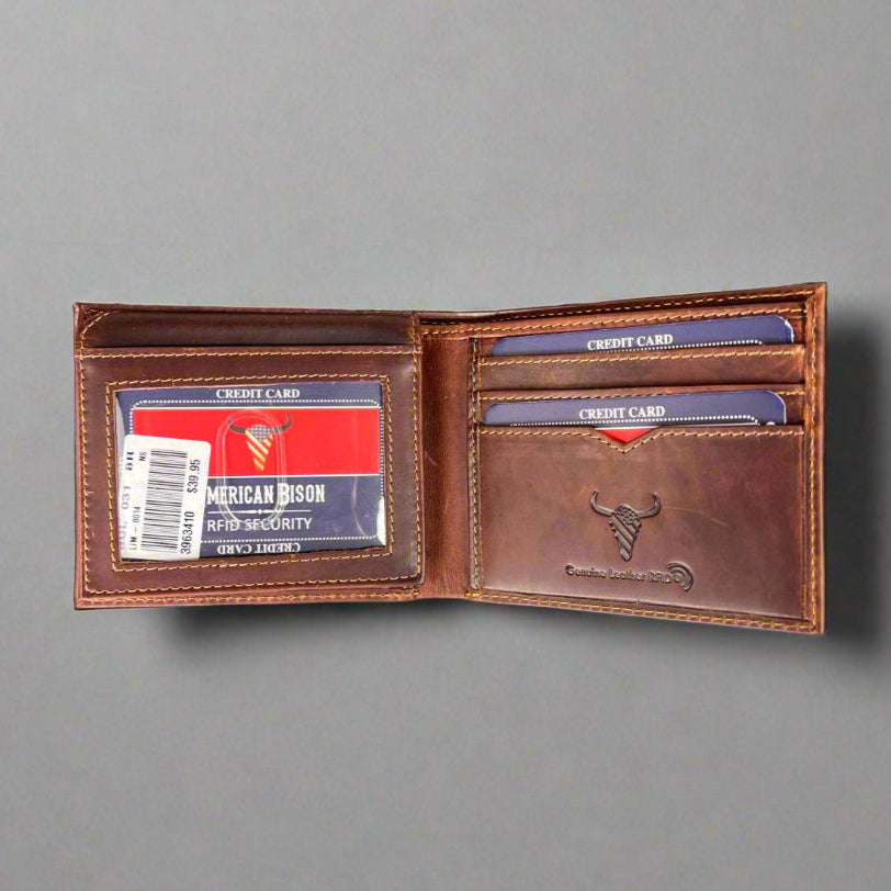 Men's Genuine Cow Leather Bifold Flip Up Wallet - Slim RFID Blocking for Everyday Use & Travel