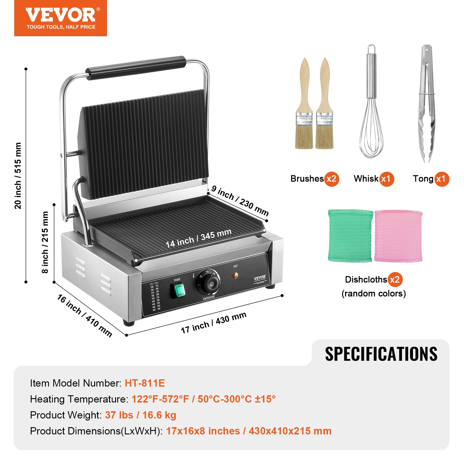 VEVOR 1800W Electric Panini Press Grill with Temperature Control, 14